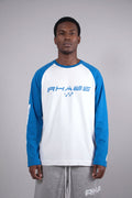 Model wearing RHAES 1995 Raglan Long Sleeve — distressed RHAES chest print