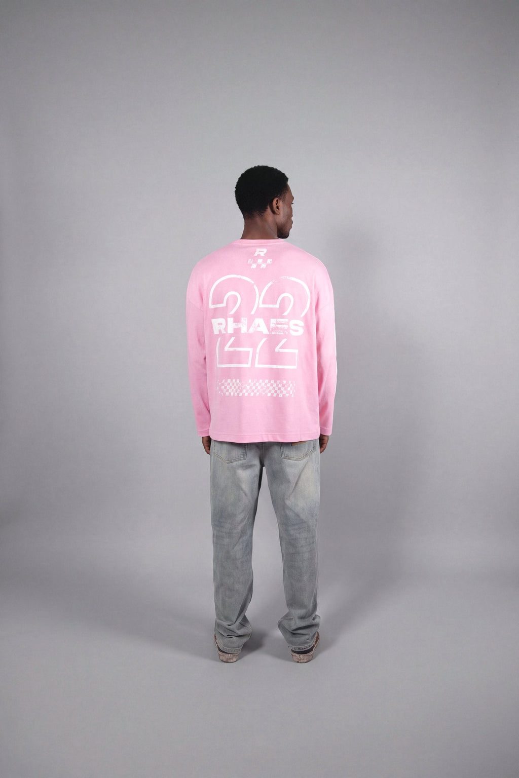 RHAES 22 Long Sleeve in Soft Pink — oversized 22 back graphic, full body