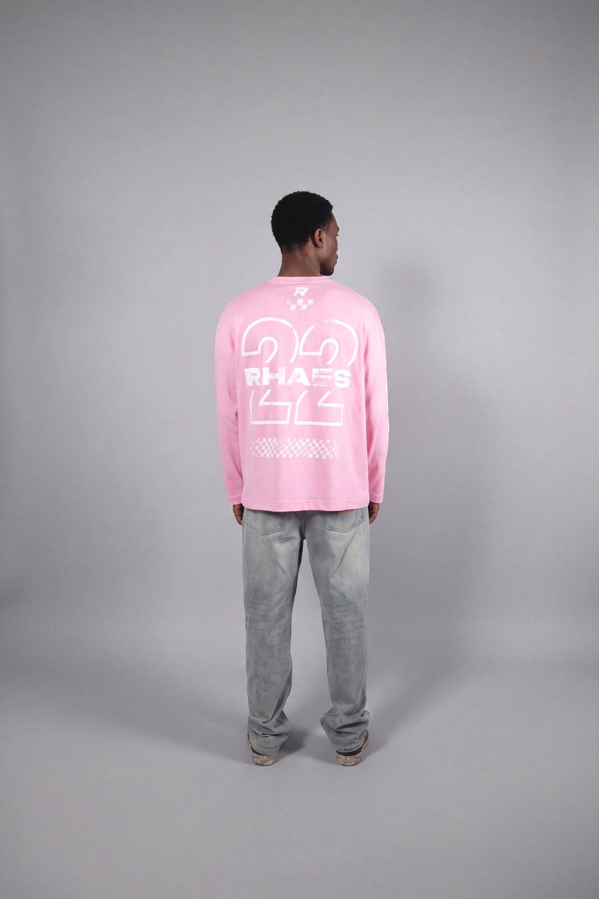 RHAES 22 Long Sleeve in Soft Pink — oversized 22 back graphic, full body