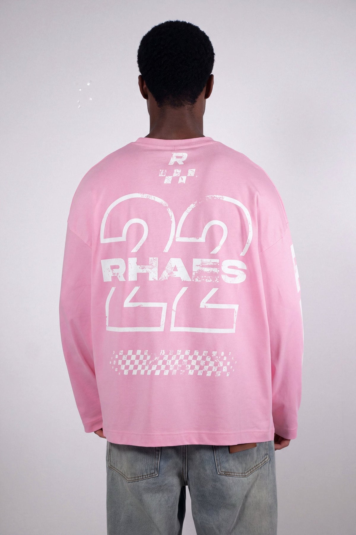 RHAES 22 Long Sleeve in Soft Pink — 22 back graphic with checkered flag detail