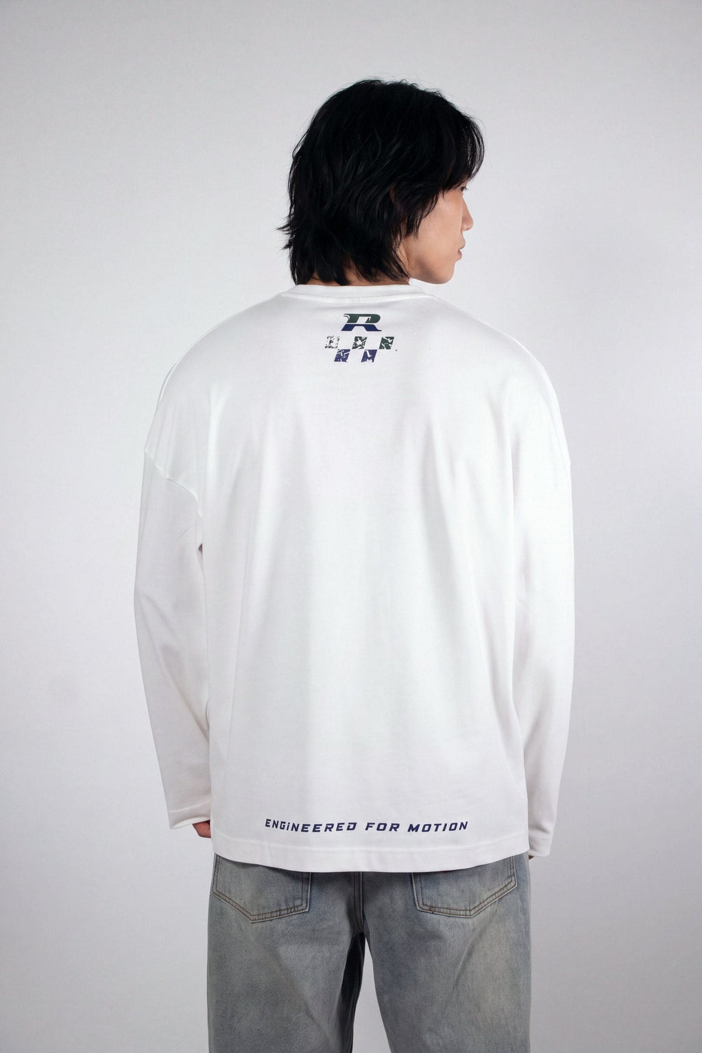 RHAES Racing Long Sleeve in White — back neck emblem detail