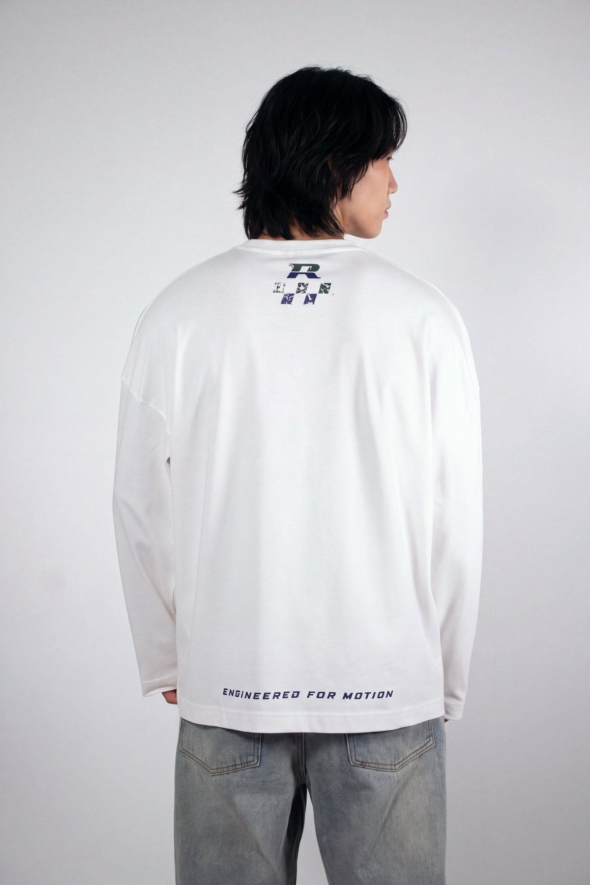 RHAES Racing Long Sleeve in White — back neck emblem detail